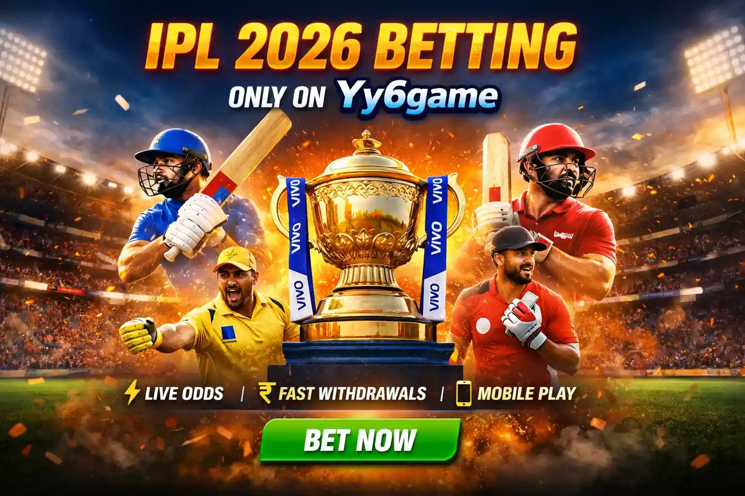 IPL 2026 betting banner with cricket players and trophy in stadium