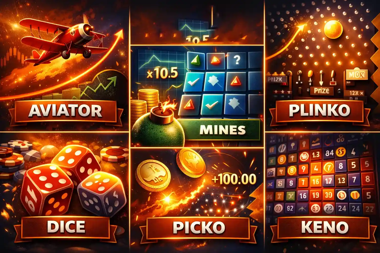 Aviator, Mines, Plinko, Dice and Keno instant games collage with chips and coins