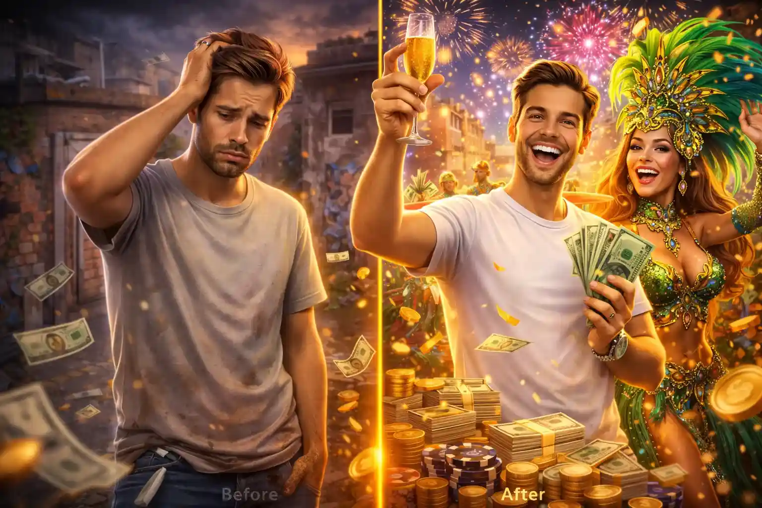 Before and after casino win showing disappointed player turning into happy winner with cash