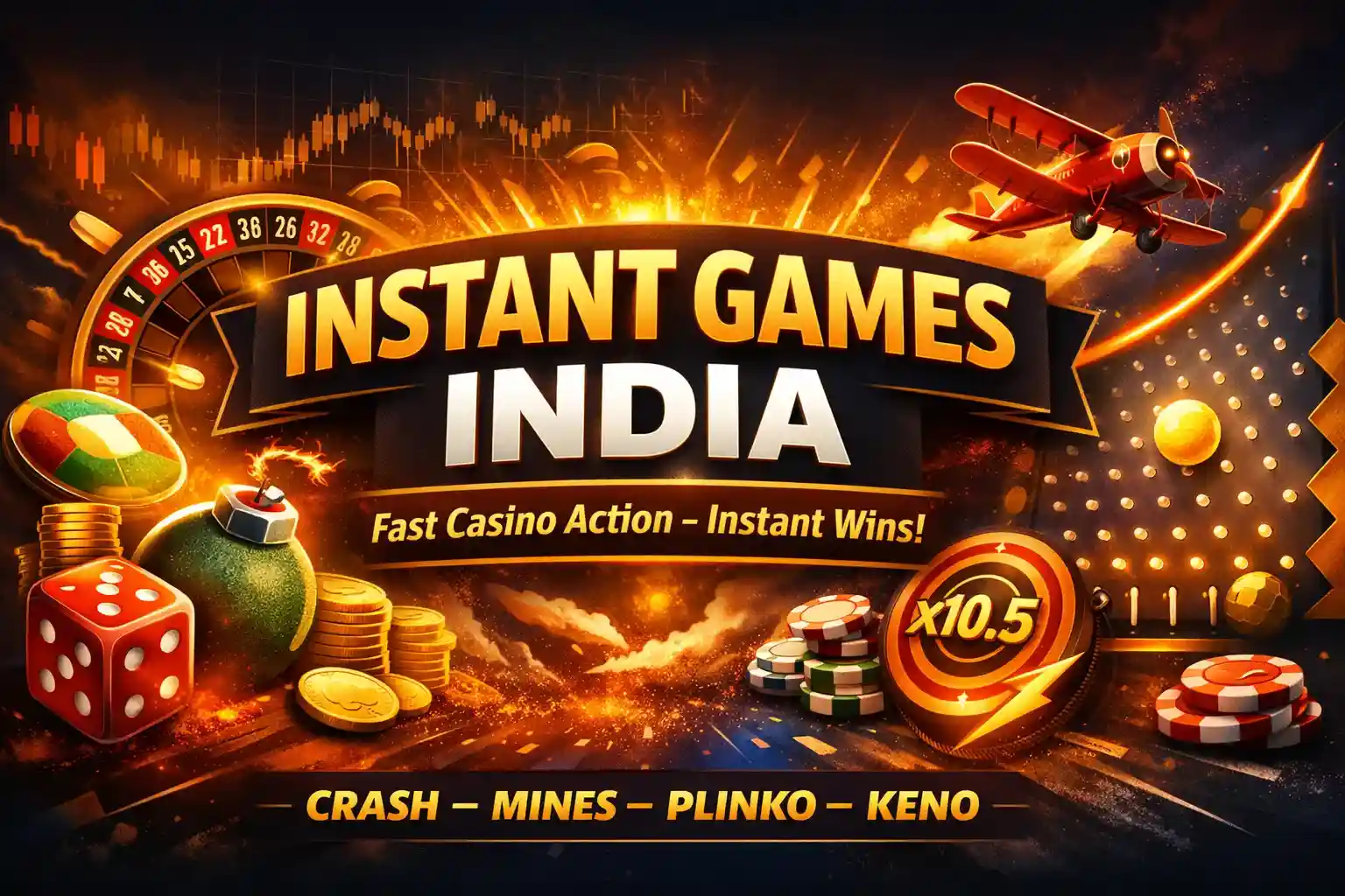 Instant casino games banner with crash plane, roulette wheel, coins and multipliers
