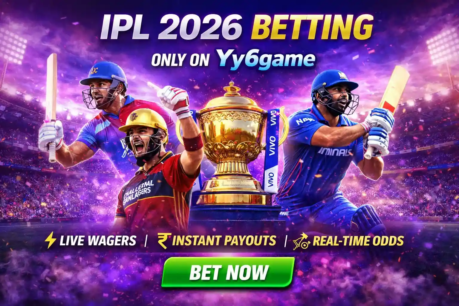IPL 2026 betting promo with players, trophy and live wager features