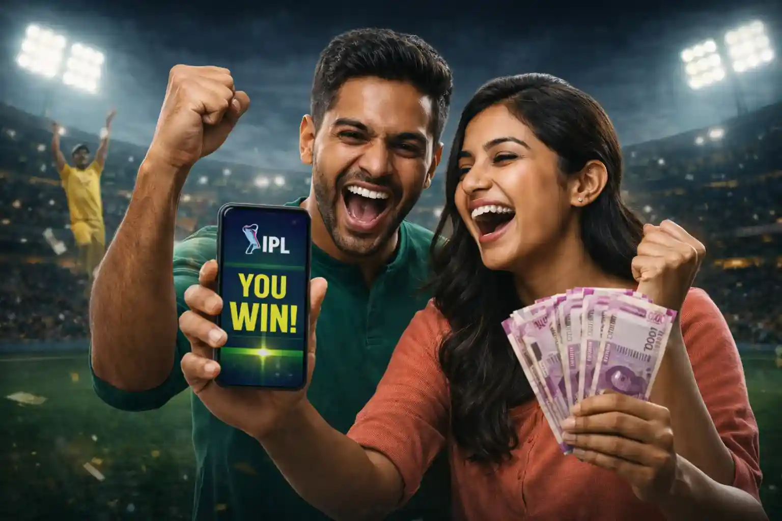 Indian couple celebrating IPL win on mobile phone with cash in stadium
