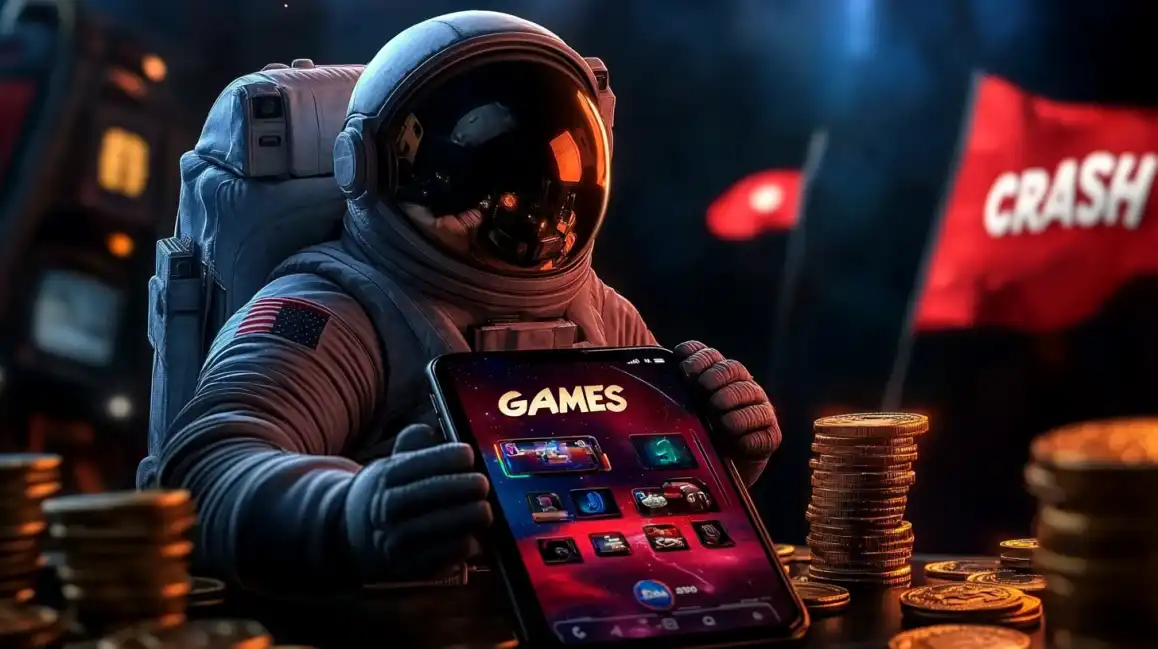 Astronaut in space suit playing crash games on tablet with coins in atmospheric casino setting