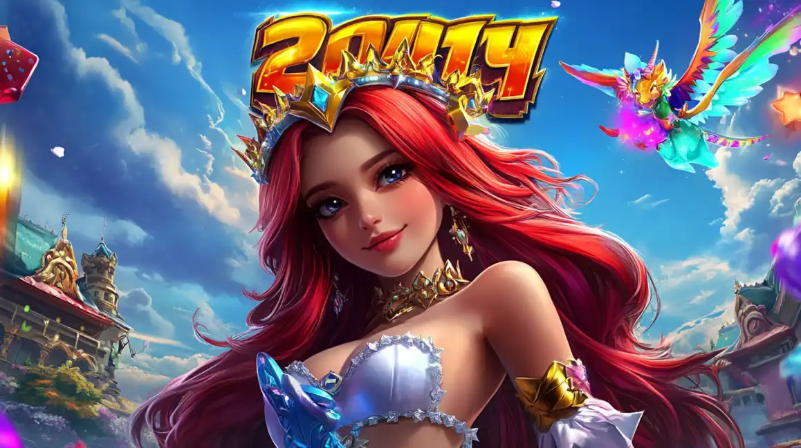 Beautiful red-haired fantasy princess with golden crown in magical 2014 slot game environment