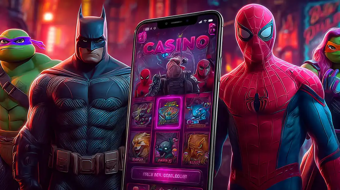 Batman, Spider-Man and Ninja Turtles characters with mobile casino game displaying various slots